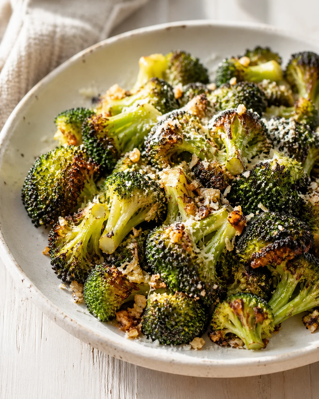 Single plated variation of Crispy Garlic Parmesan Roasted Frozen Broccoli Recipe Easy and Perfect Side Dish shown in a natural kitchen scene