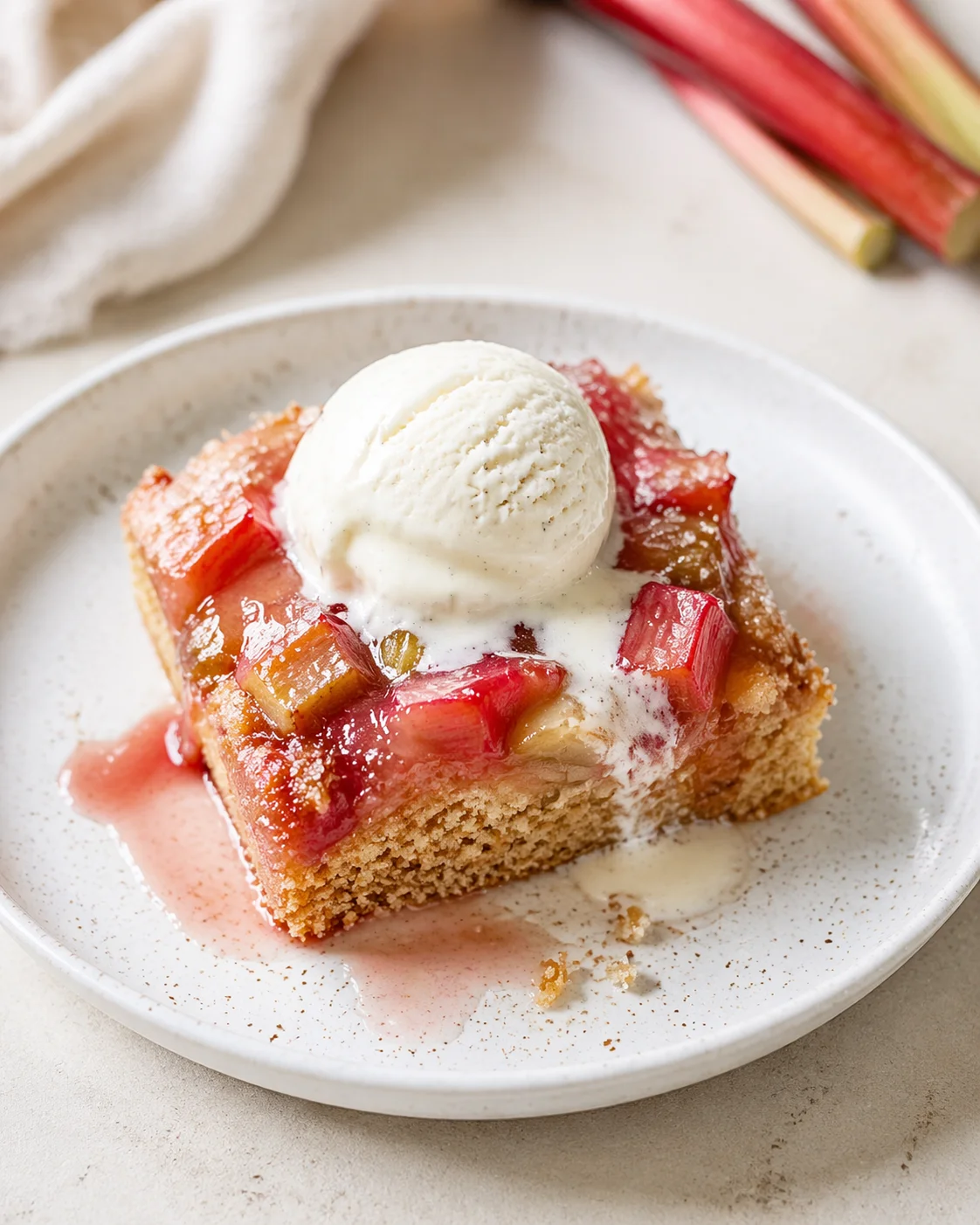 Single plated variation of Easy Gluten Free Rhubarb Bars shown in a natural kitchen scene