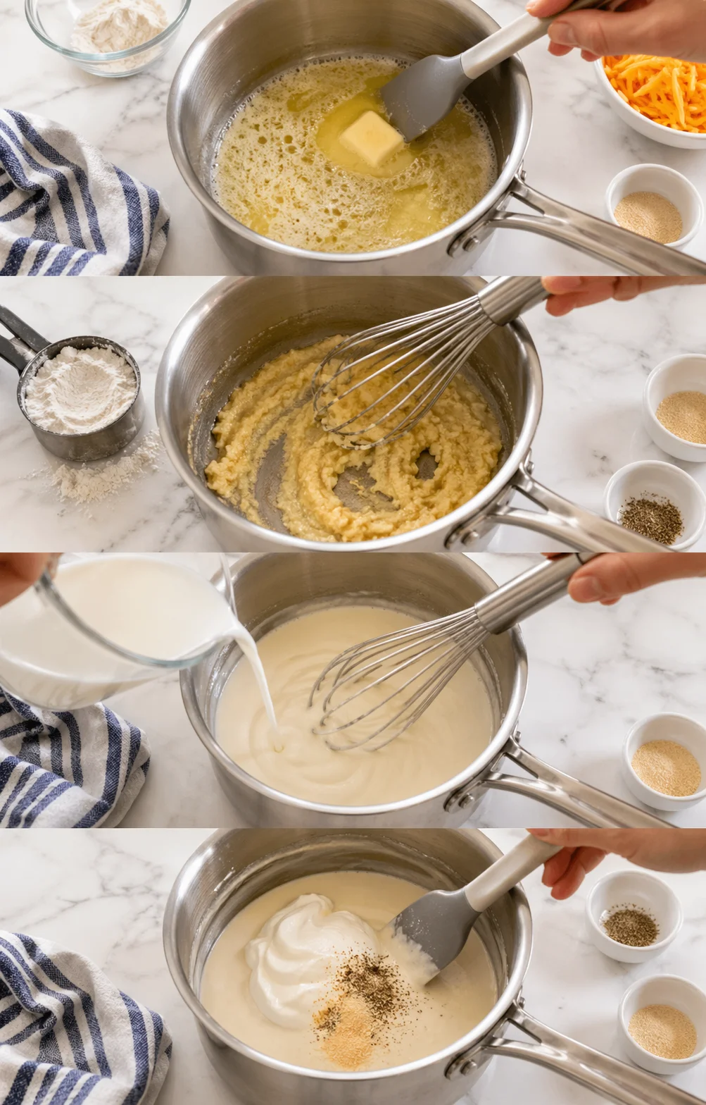 Thick creamy white sauce being whisked in a saucepan after adding sour cream and seasonings