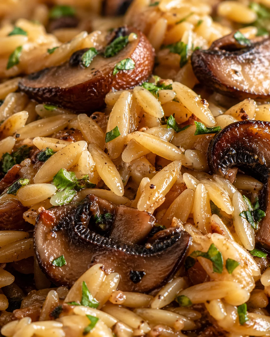 Tight detail shot of Tasty Orzo with Mushrooms highlighting texture