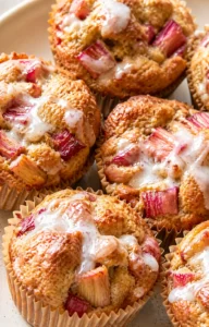 Final plated Rhubarb Muffins with Yogurt served as a hero shot