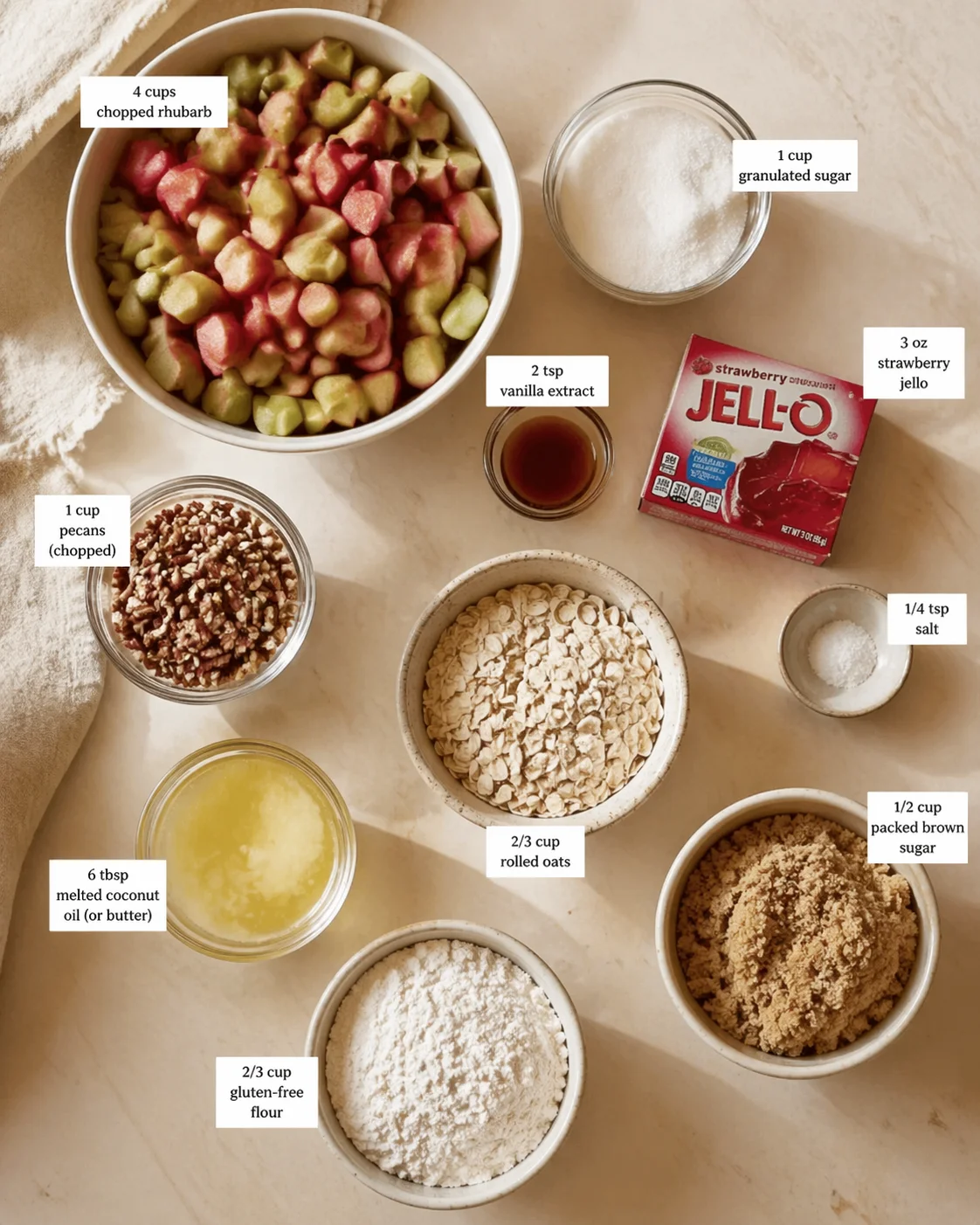 Measured ingredients arranged for Juicy Rhubarb Crisp with Strawberry Jello: 4 cups chopped rhubarb, 3 oz strawberry gelatin (like Jell-O brand), 2 tsp vanilla extract, 1 cup granulated sugar, 1 cup pecans (chopped), 2/3