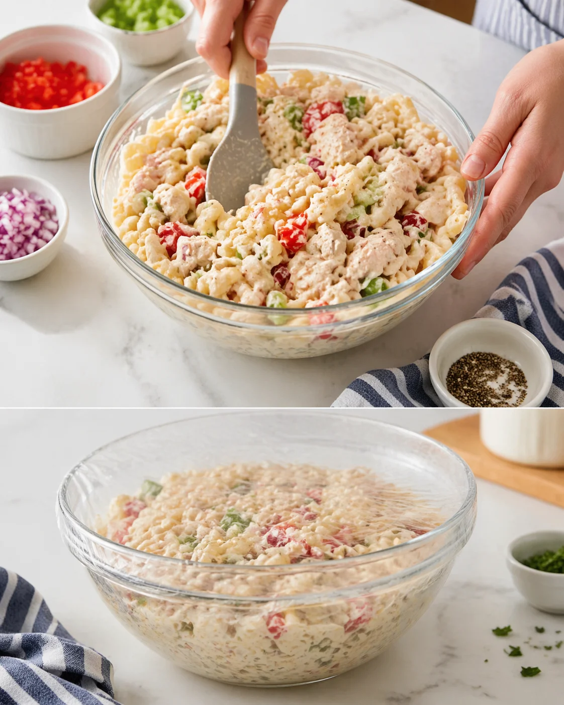 Pasta salad being gently tossed in a large bowl, then transferred into a covered container for chilling
