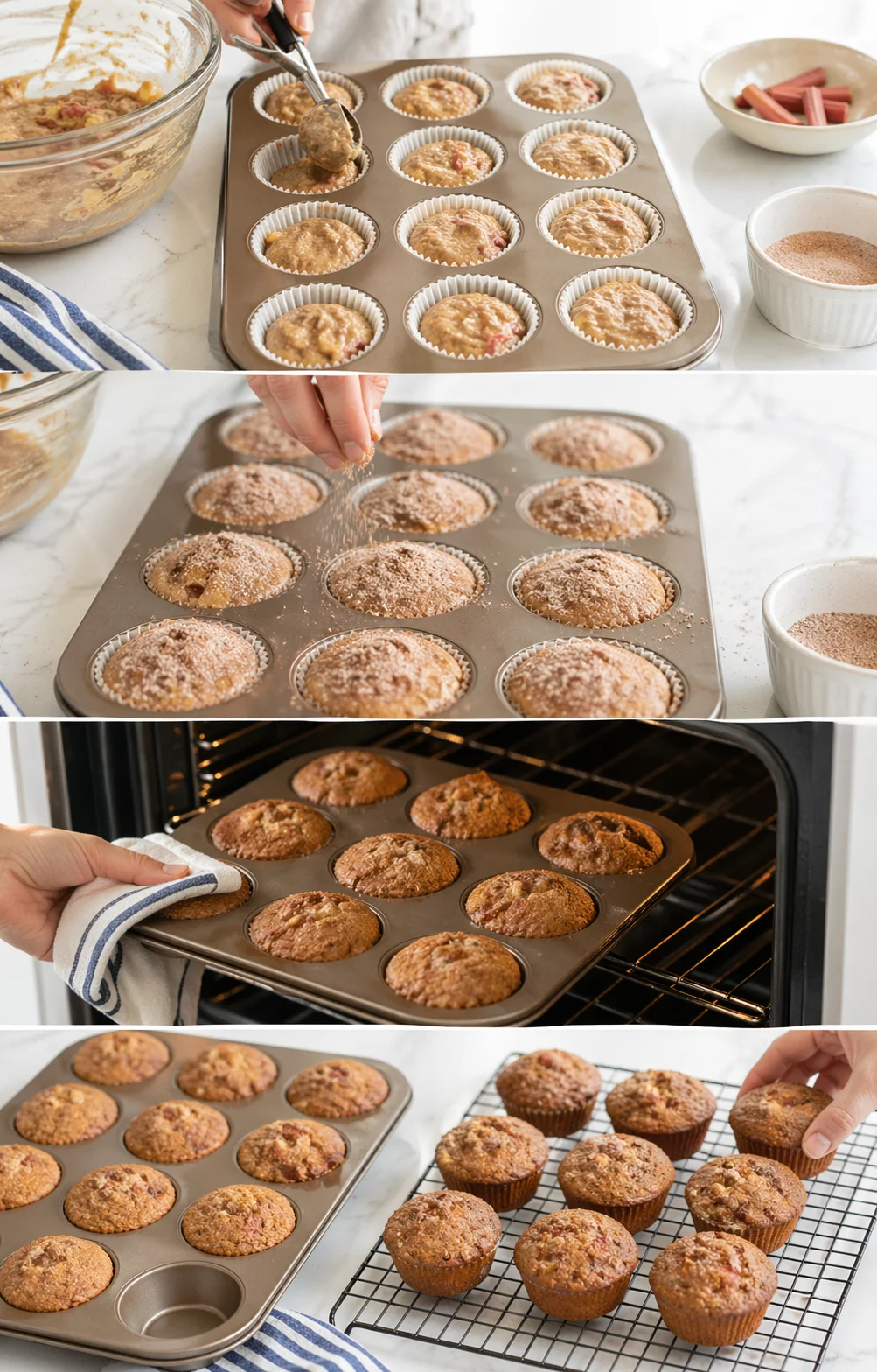 Golden muffins cooling on a wire rack, cinnamon-sugar speckled tops visible
