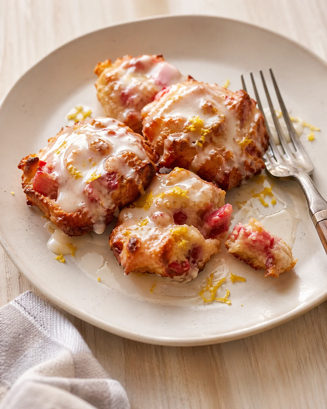 Single plated variation of Baked Rhubarb Fritters shown in a natural kitchen scene