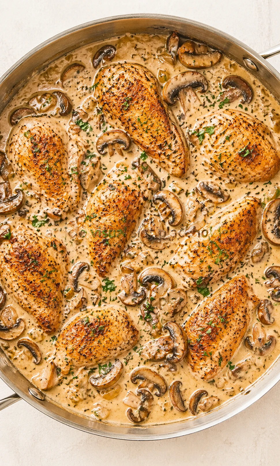 Straight-down overhead view of Creamy Mushroom Chicken – One-Pan Dinner