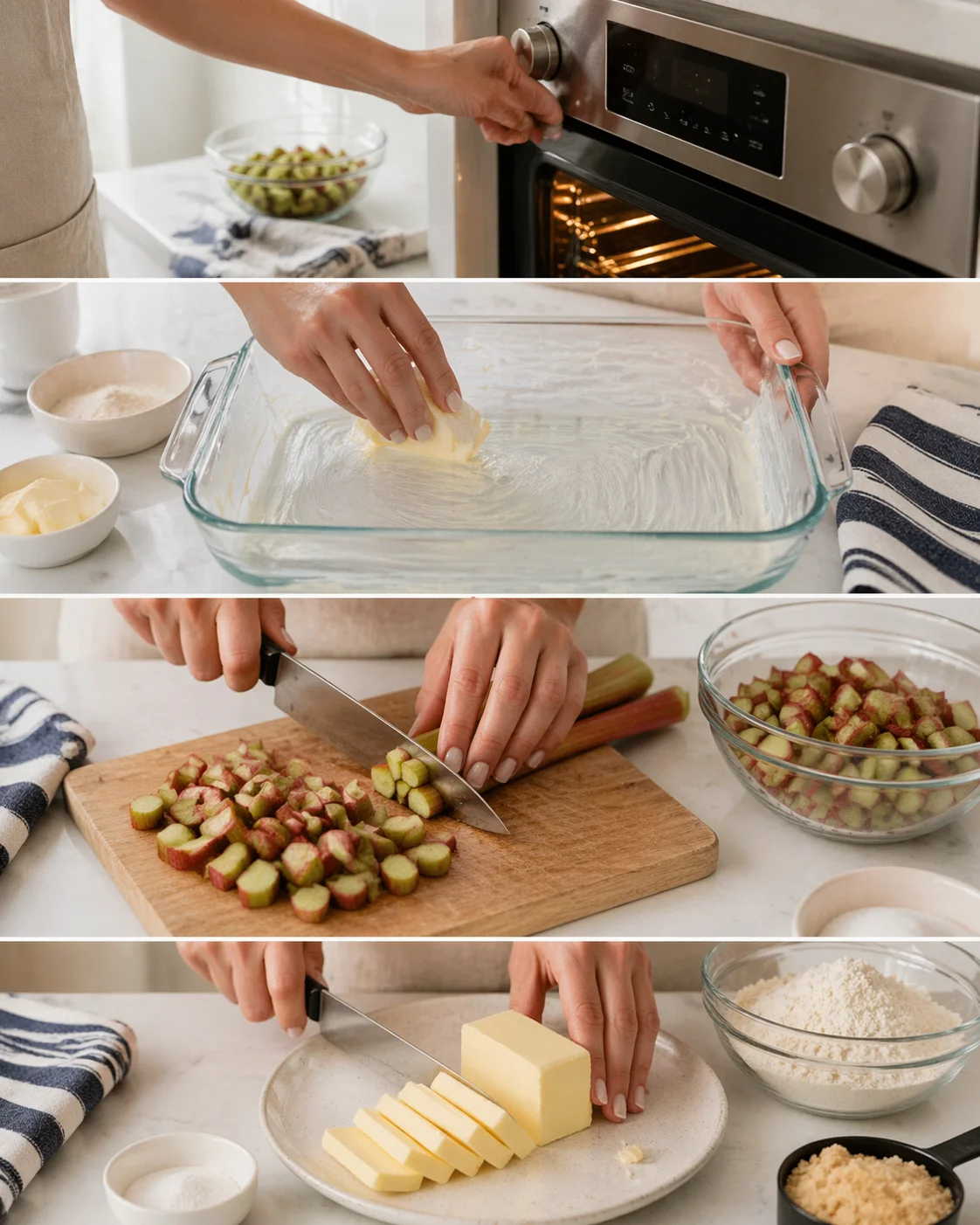 Greased 9x13 baking dish beside bowl of chopped half-inch rhubarb and thin butter pats.
