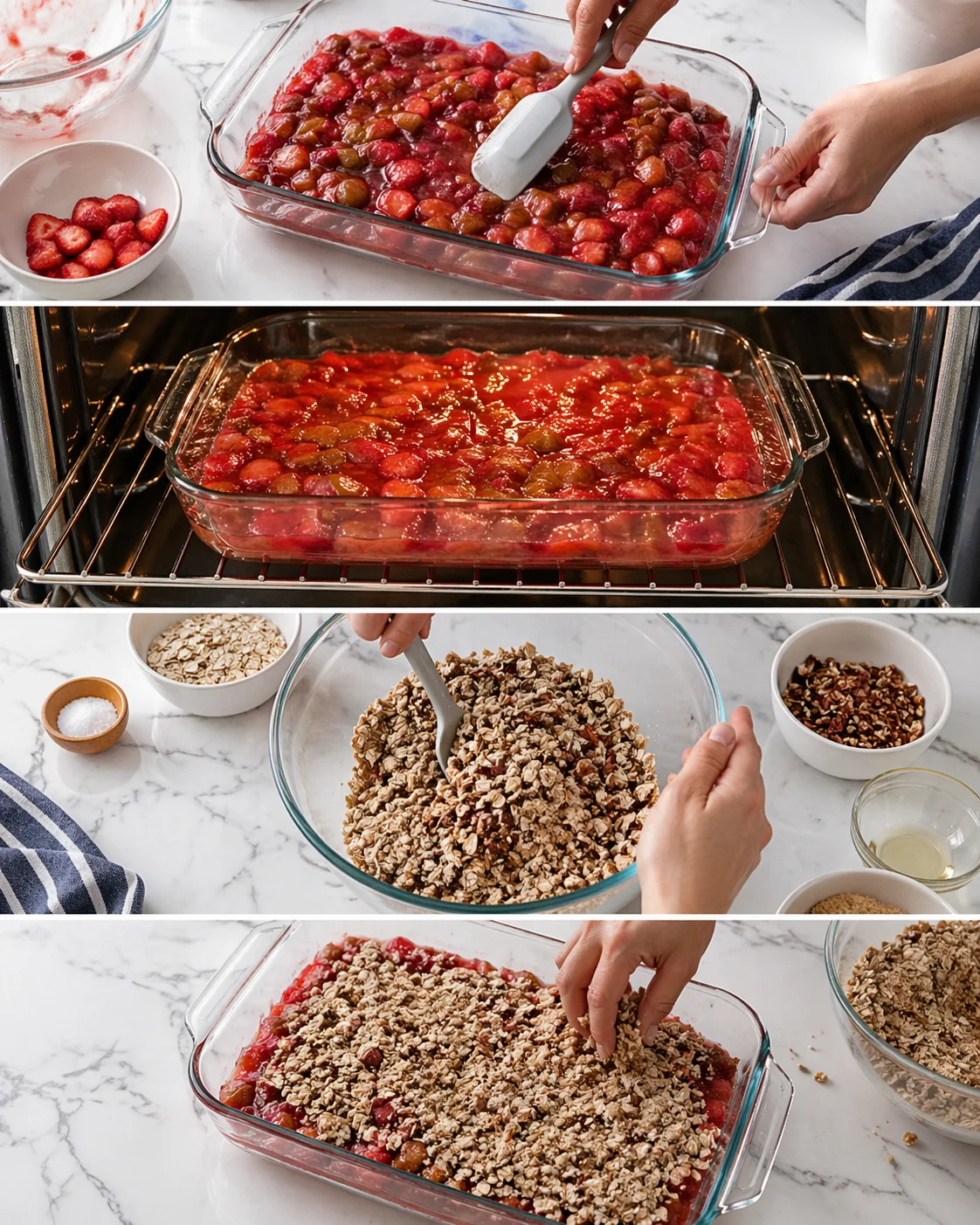 Evenly spreading oat-pecan crumb topping over hot rhubarb filling in a 9×9 baking dish.