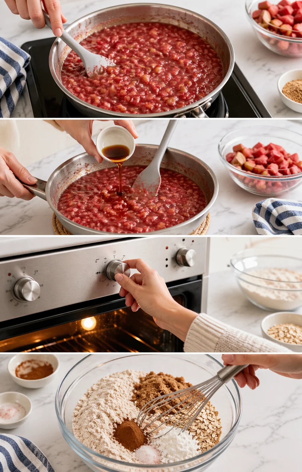 Thickened rhubarb compote cooling in saucepan beside a bowl of whisked oat flour and brown sugar.