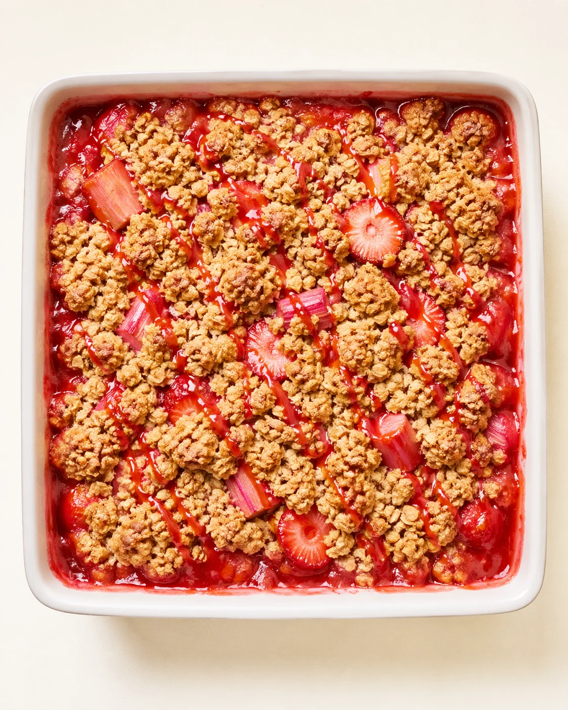 Straight-down overhead view of Juicy Rhubarb Crisp with Strawberry Jello