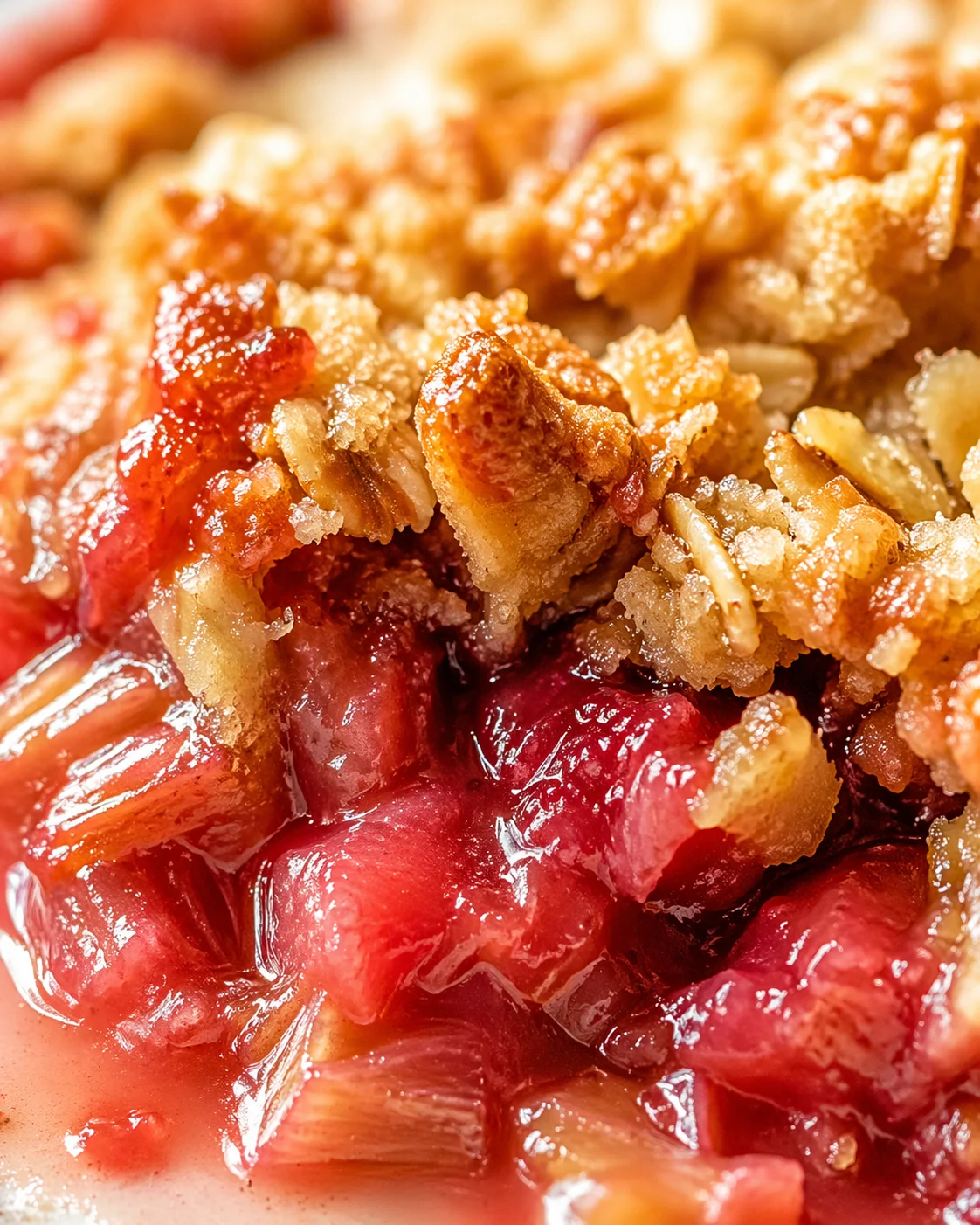 Tight detail shot of Juicy Rhubarb Crisp with Strawberry Jello highlighting texture