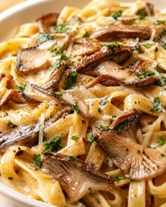 Final plated Mouthwatering Oyster Mushroom Pasta served as a hero shot