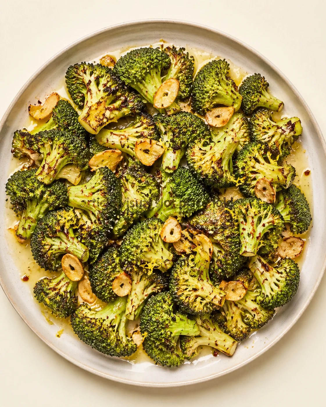 Straight-down overhead view of Lemon Garlic Roasted Broccoli Flavored and Savory Dish