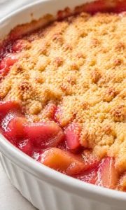 Final plated Easy Rhubarb Dump Cake Recipe served as a hero shot