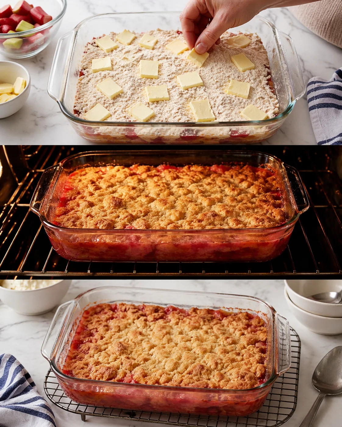 Evenly spaced cold butter slices over cake mix, baked golden-brown with fruit bubbling, cooling.