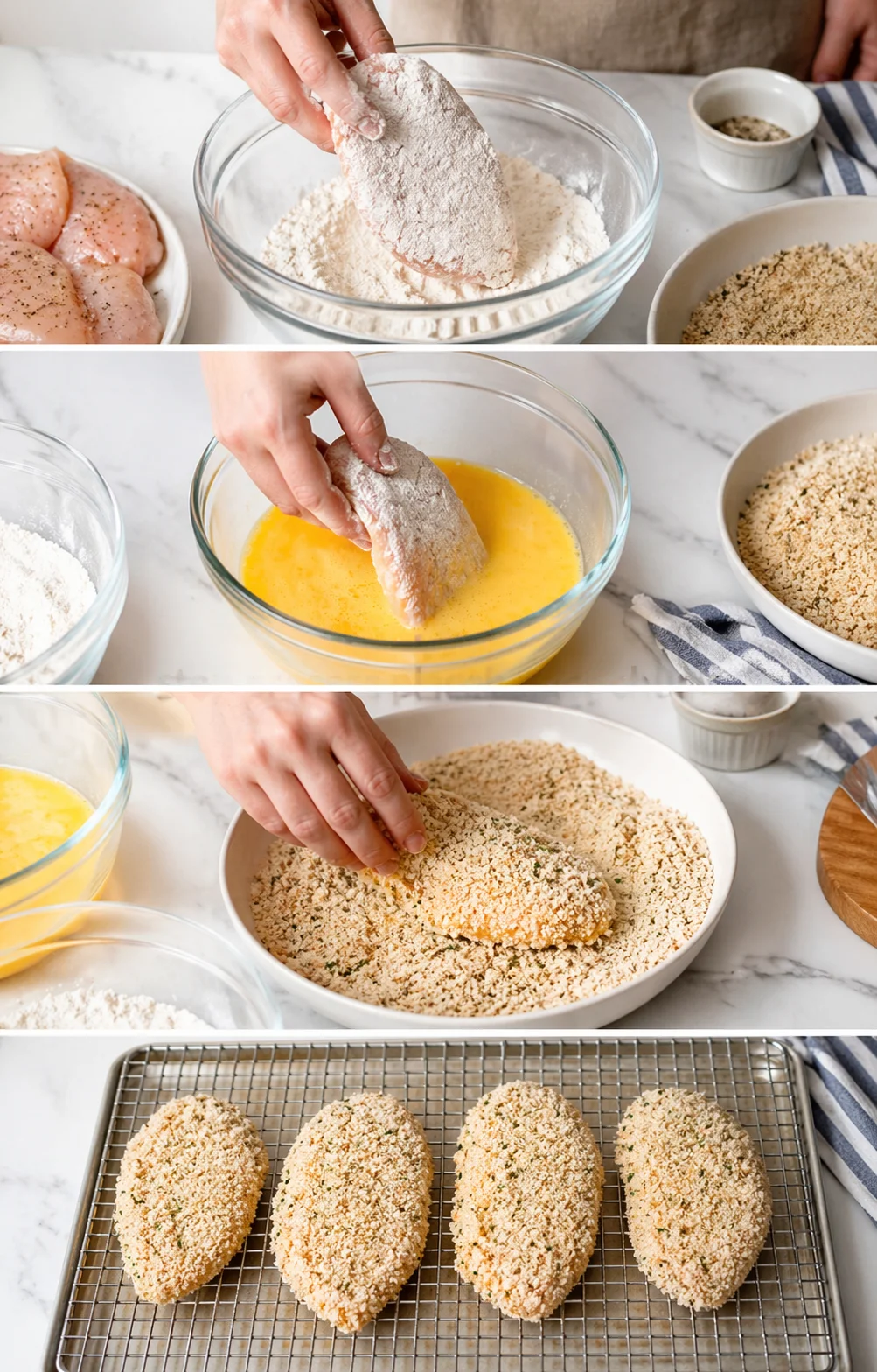 Hands dredging chicken through flour, dipping in egg, pressing breadcrumbs, arranged on rack.