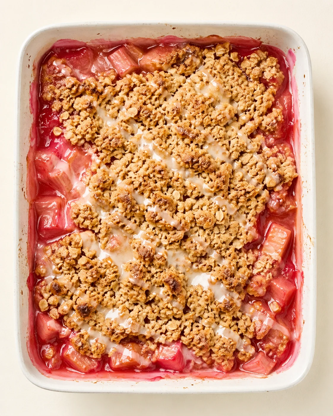 Straight-down overhead view of Classic Rhubarb Crisp with Frozen Rhubarb