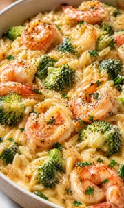 Final plated Creamy Orzo Shrimp Broccoli A Delightful Dinner Recipe! - Dishes Tasty | Easy & Delicious Recipes served as a hero shot