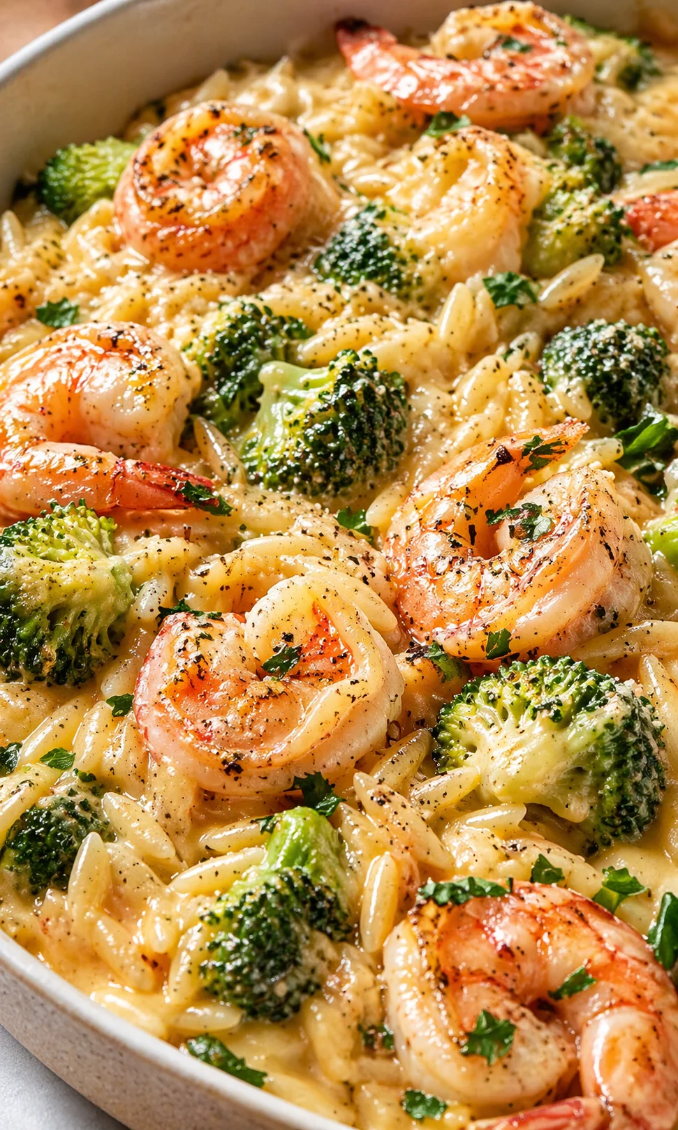 Final plated Creamy Orzo Shrimp Broccoli A Delightful Dinner Recipe! - Dishes Tasty | Easy & Delicious Recipes served as a hero shot
