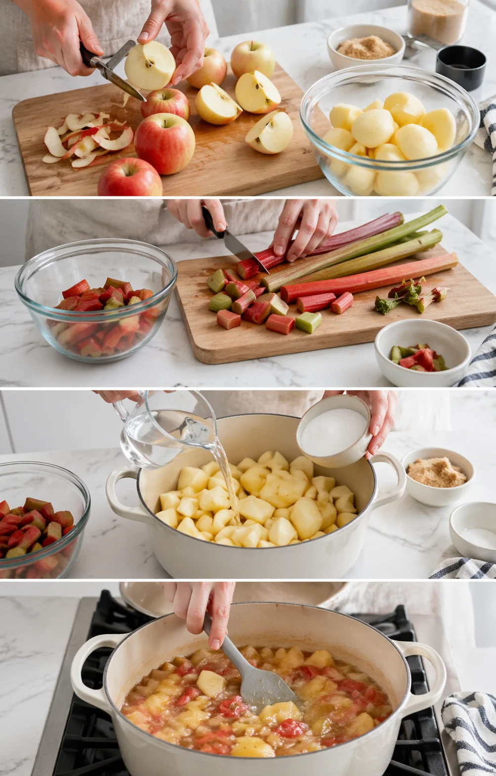 Peeled, quartered apples and trimmed rhubarb in a Dutch oven with sugar and water, coming to a boil.