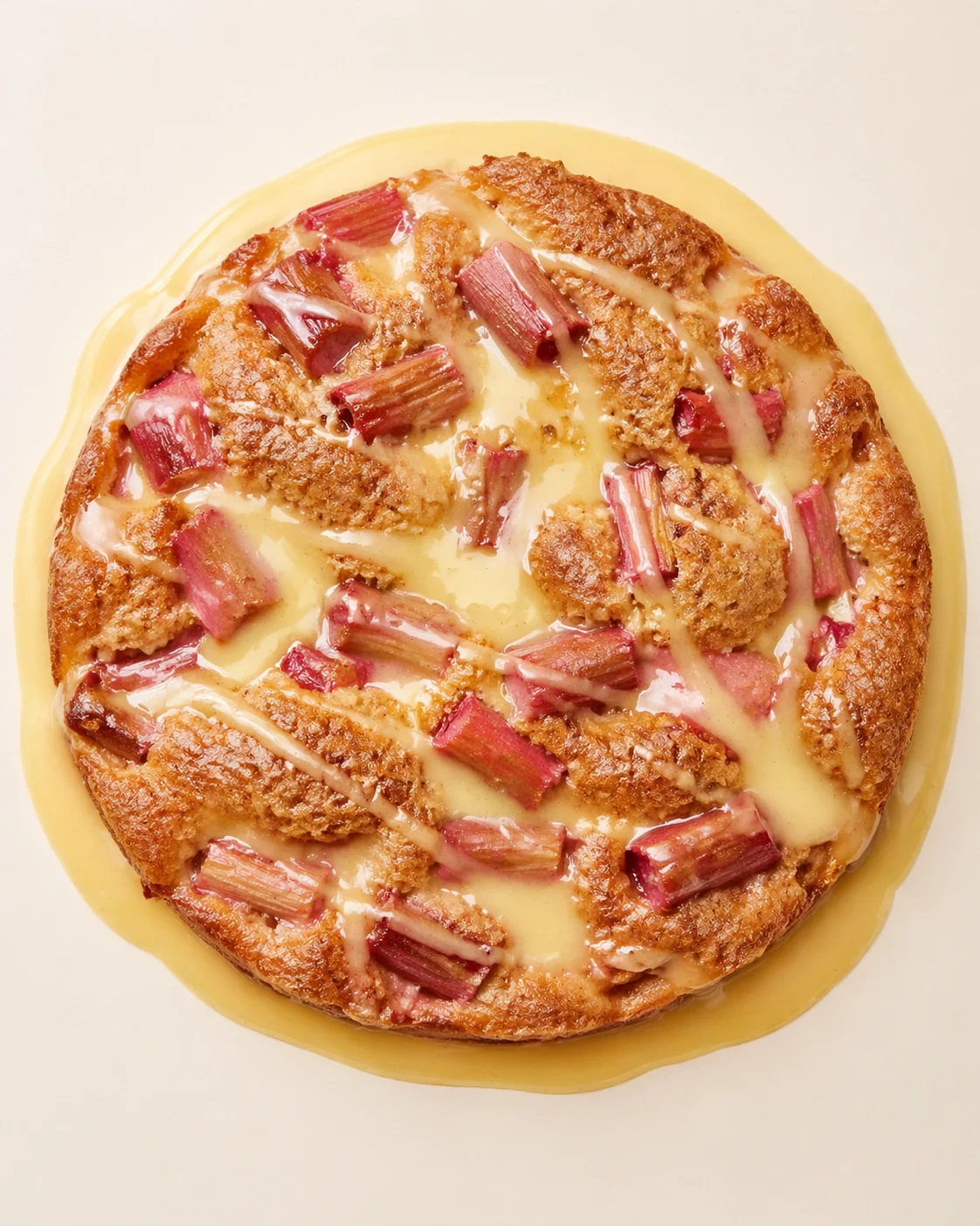 Straight-down overhead view of Warm Rhubarb Cake with Butter Sauce