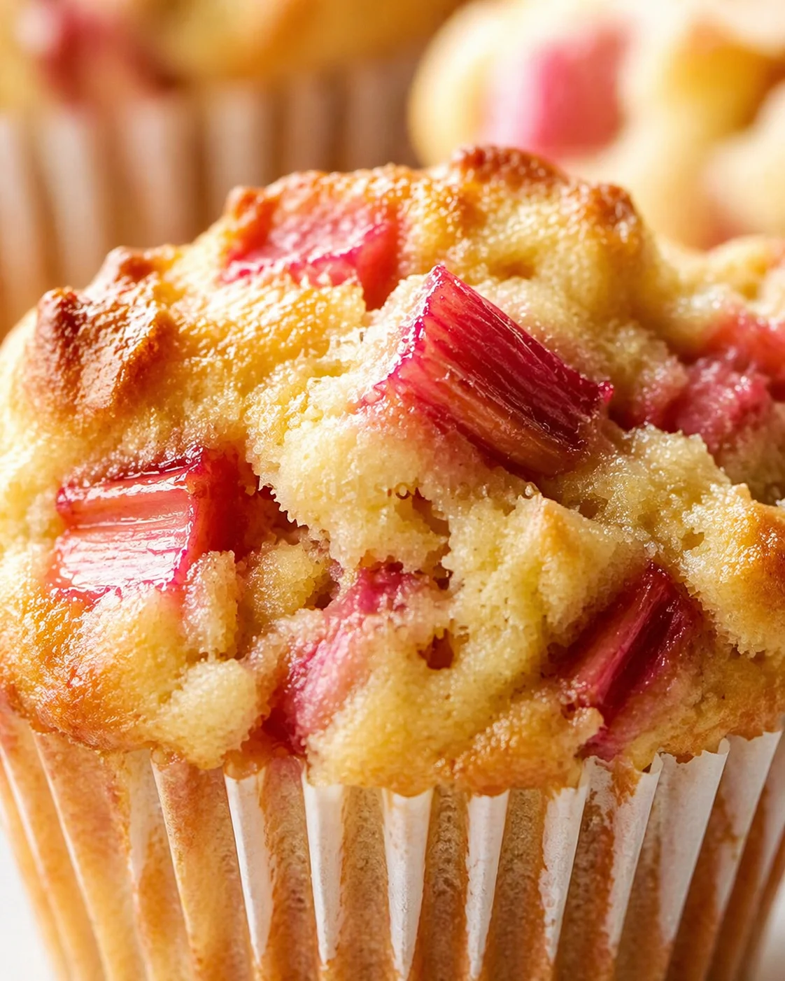 Tight detail shot of Rhubarb Greek Yogurt Muffins: Bake Perfectly Soft Treats! highlighting texture