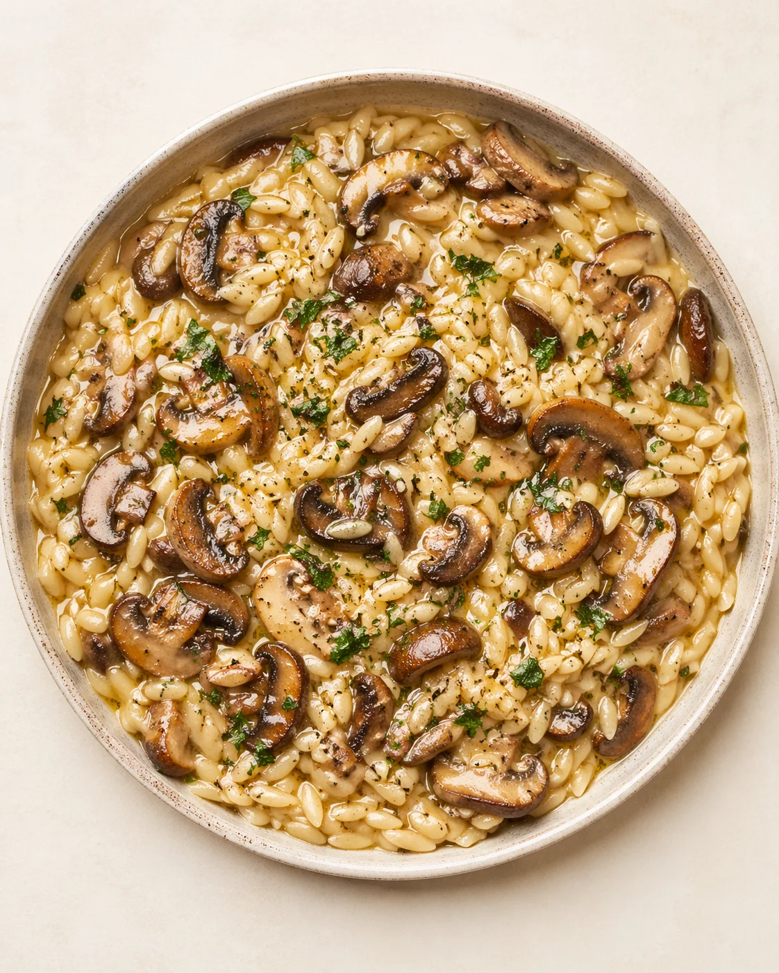 Straight-down overhead view of Tasty Orzo with Mushrooms