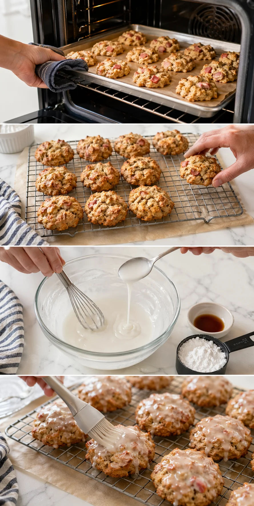 Golden baked fritters on wire rack being drizzled with pale powdered-sugar glaze
