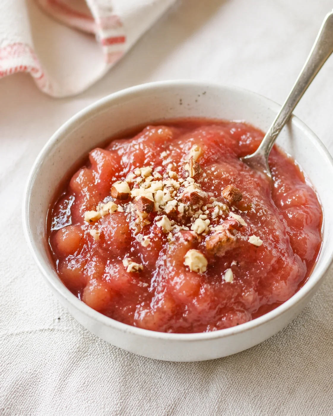 Single plated variation of Quick Rhubarb Applesauce shown in a natural kitchen scene