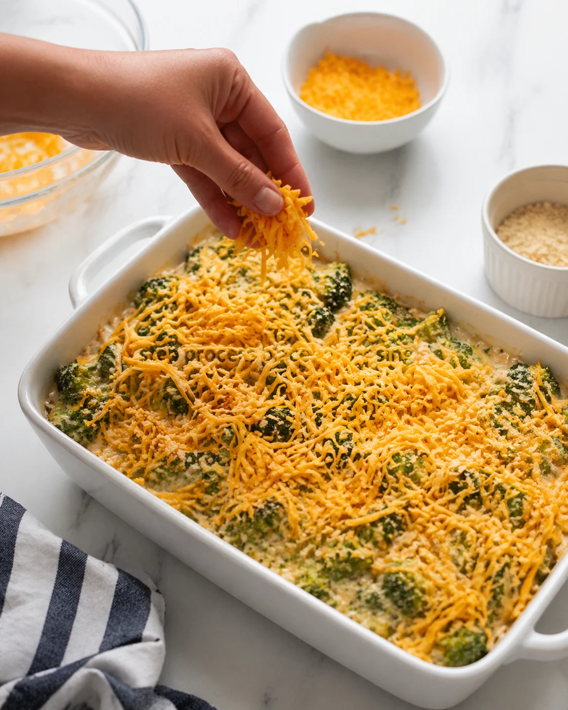 Hand sprinkling extra shredded cheddar over hot casserole before serving.