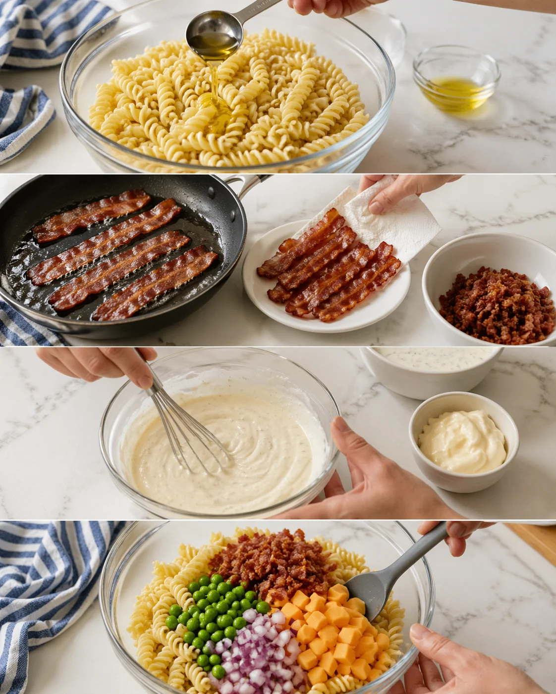 Large bowl with creamy dressing and cooled pasta, bacon, cheddar, peas, onion added.