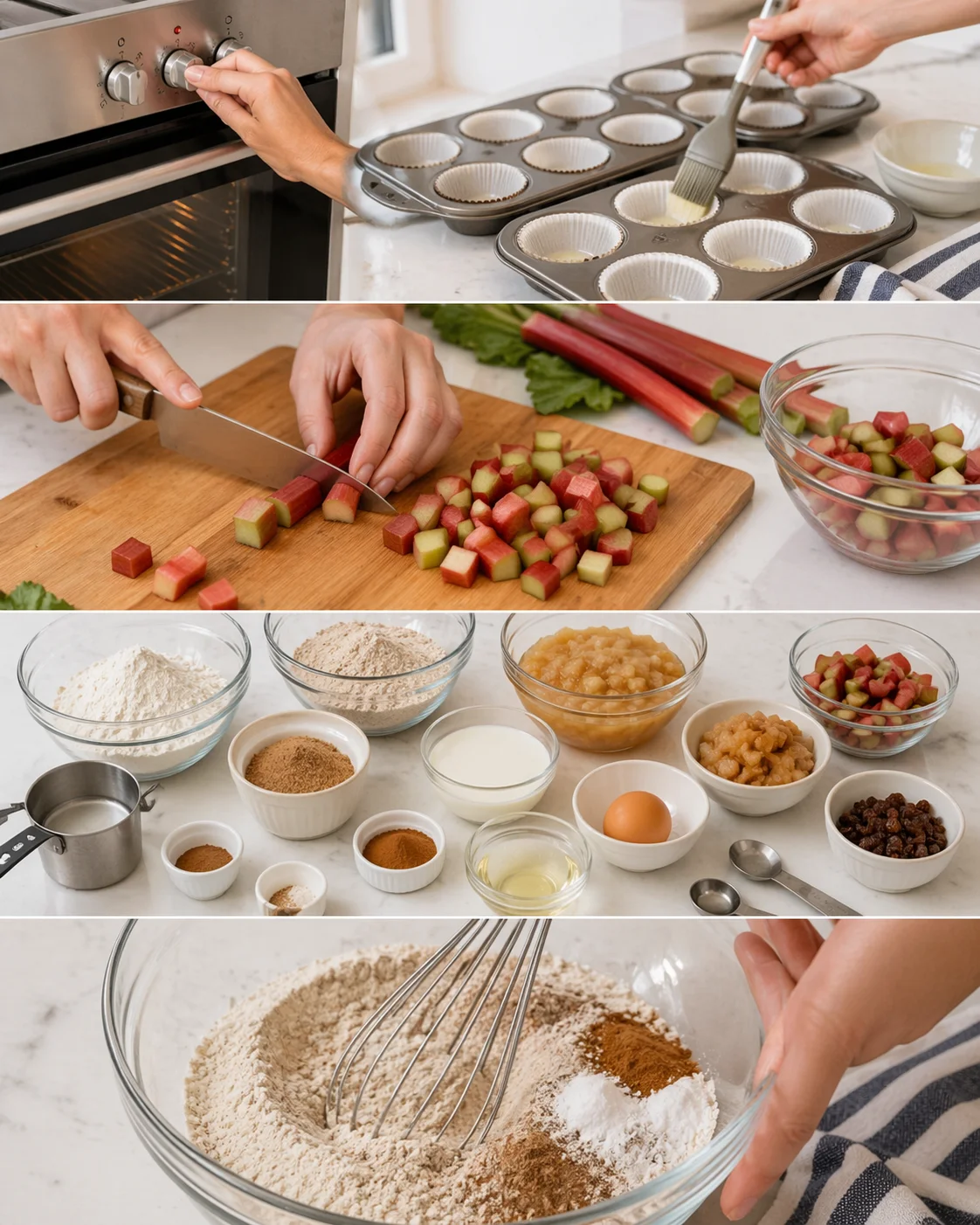 Two lined muffin pans and chopped rhubarb beside bowls of measured flours and spices being whisked