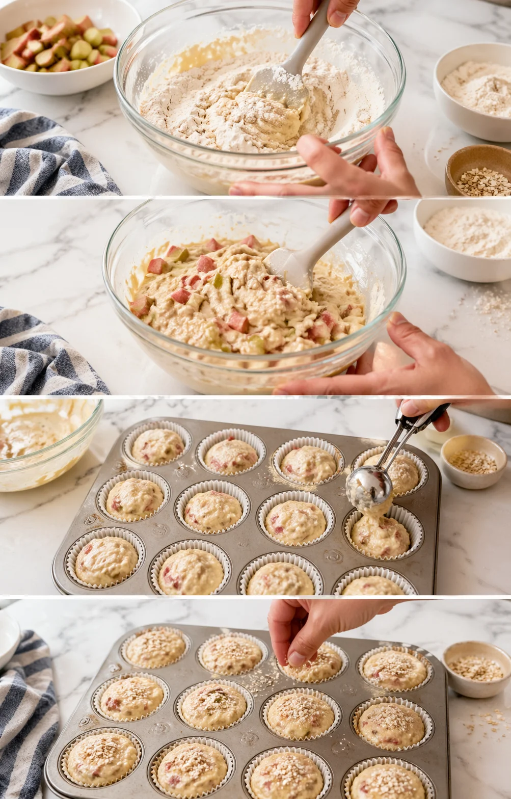 Thick batter with visible rhubarb being spooned into lined muffins; some tops sprinkled with raw sugar.
