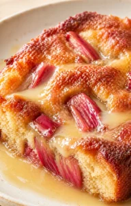 Final plated Warm Rhubarb Cake with Butter Sauce served as a hero shot