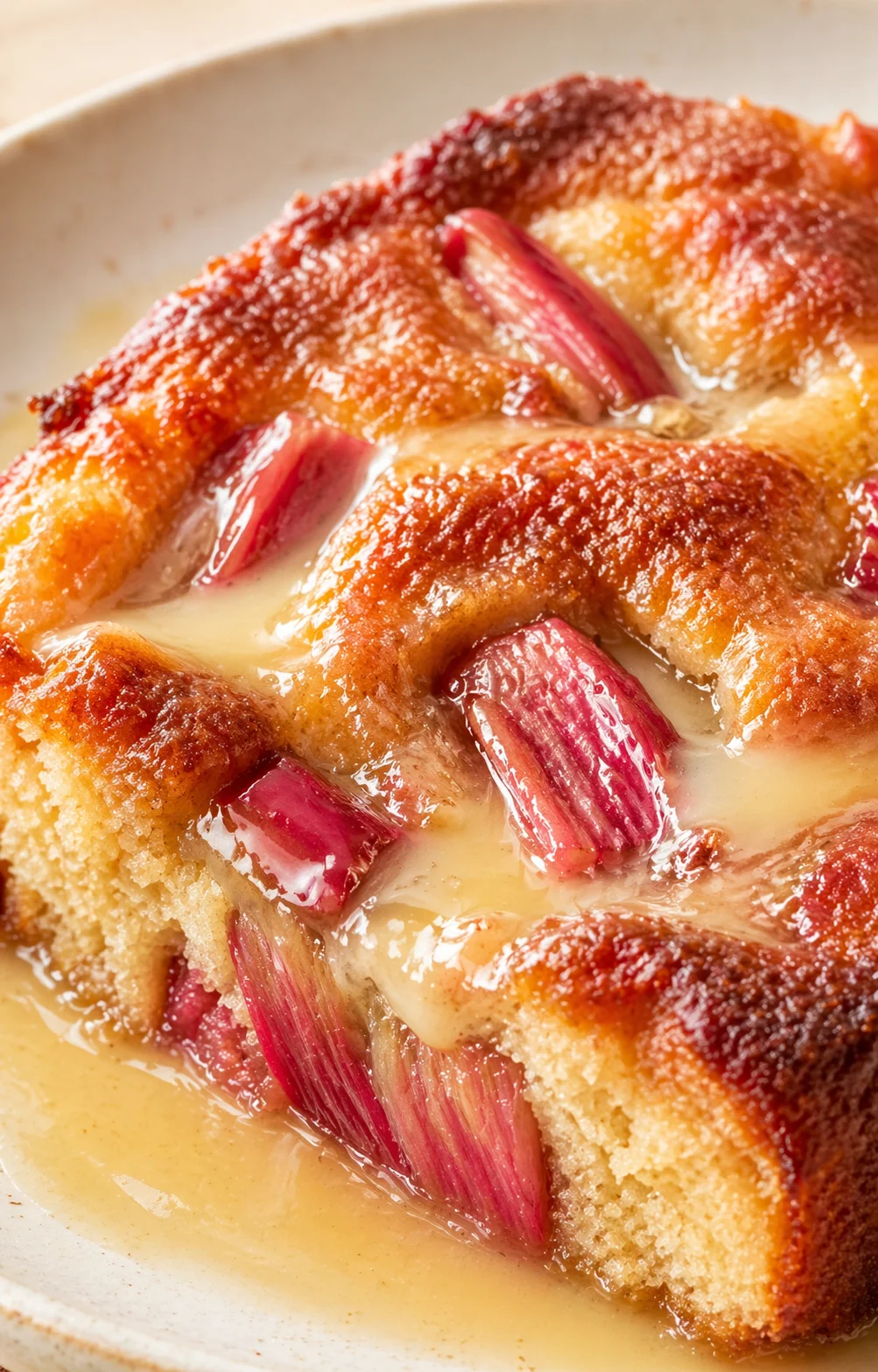 Final plated Warm Rhubarb Cake with Butter Sauce served as a hero shot