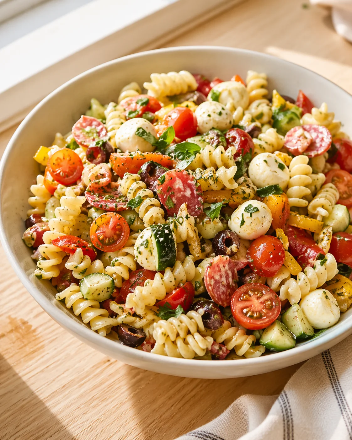 Single plated variation of 15 Easy Pasta Salad Recipes You Can Make in 30 Minutes shown in a natural kitchen scene