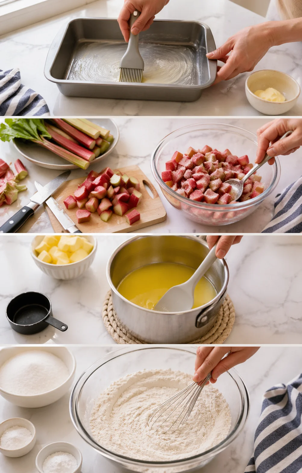 Greased baking pan, chopped rhubarb, small bowl of melted butter, large bowl of whisked dry ingredients.