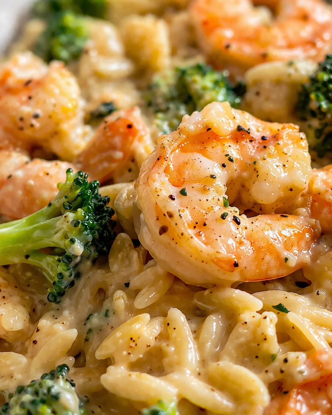 Tight detail shot of Creamy Orzo Shrimp Broccoli A Delightful Dinner Recipe! - Dishes Tasty | Easy & Delicious Recipes highlighting texture