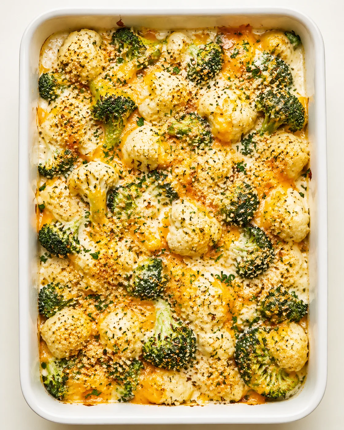 Straight-down overhead view of Irresistible Cauliflower Broccoli Casserole