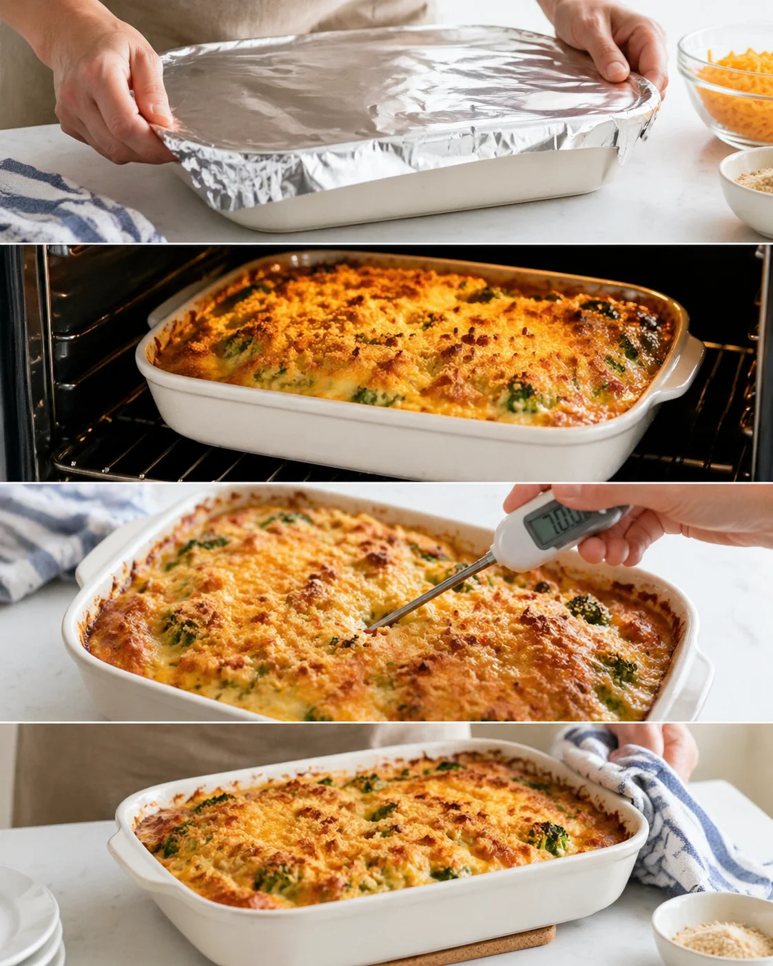 Bubbling casserole in a baking dish with golden topping, thermometer held to check doneness.