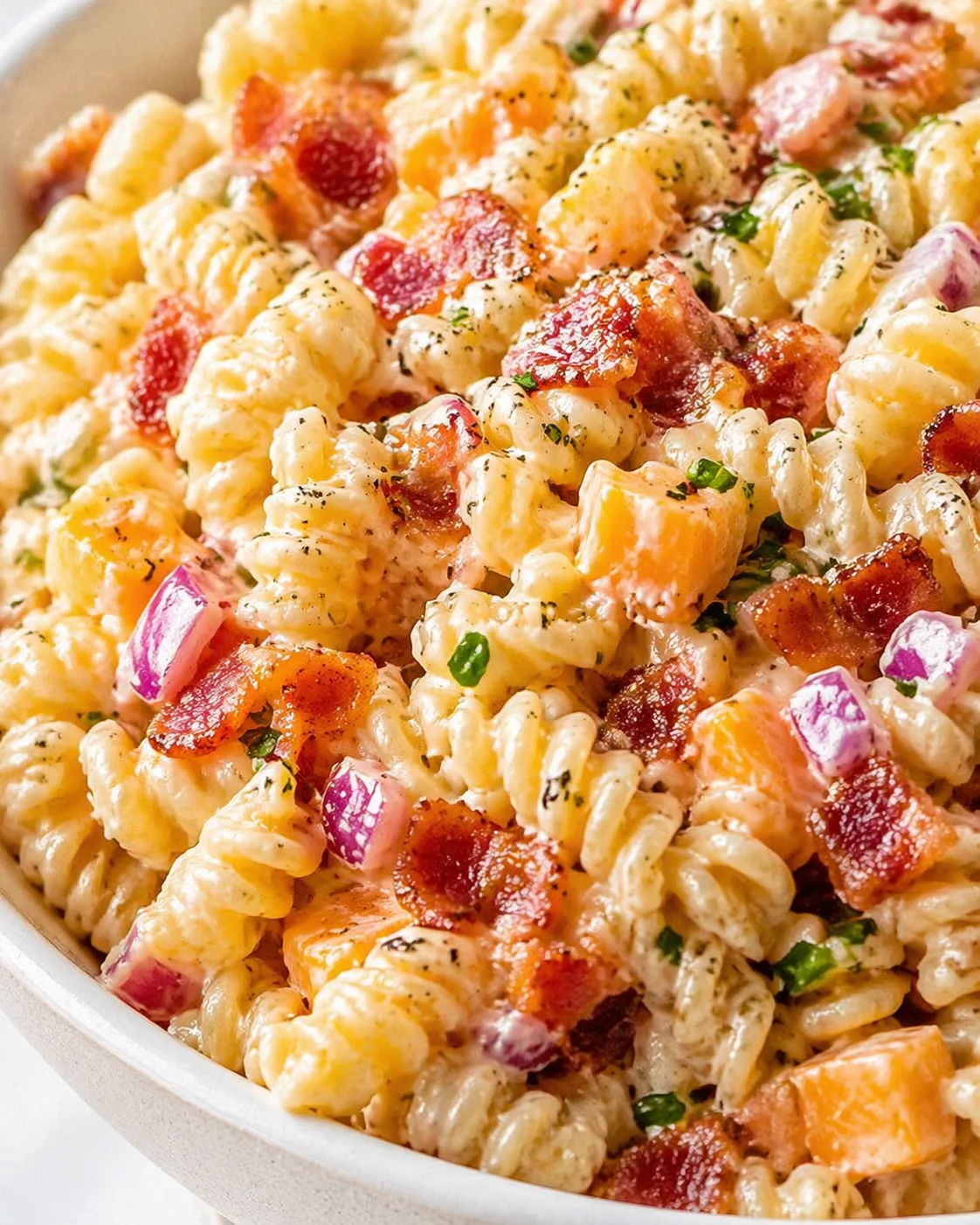 Final plated Bacon Cheddar Ranch Pasta Salad: Your New BBQ Essential! served as a hero shot