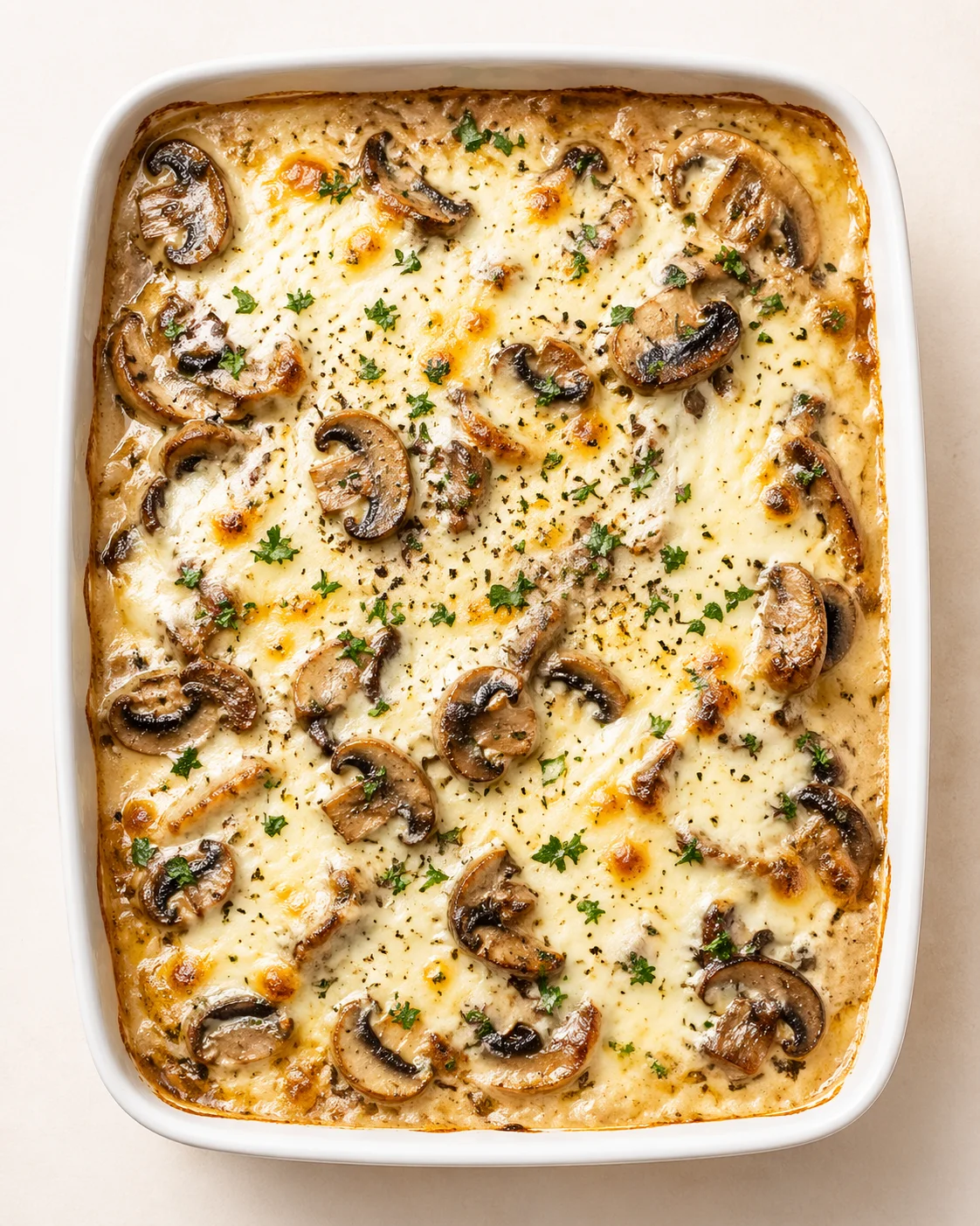 Straight-down overhead view of Creamy Mushroom Mozzarella Bake: The Ultimate Comfort Dish