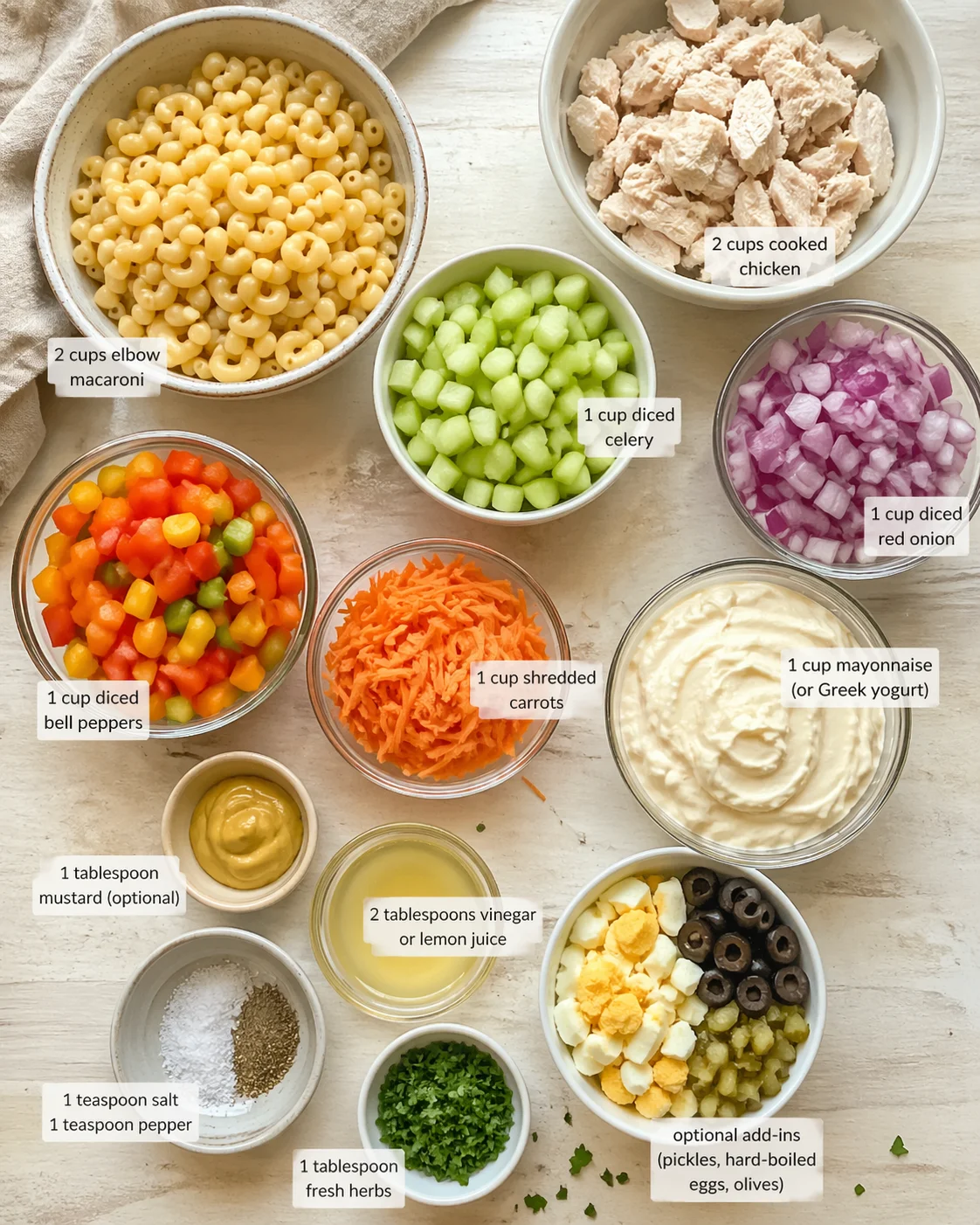 Measured ingredients arranged for Ultimate Cold Chicken Macaroni Salad: A Delicious Summer Treat: 2 cups elbow macaroni (or any small pasta shape), 2 cups cooked chicken (shredded or cubed), 1 cup diced celery, 1 cup dic