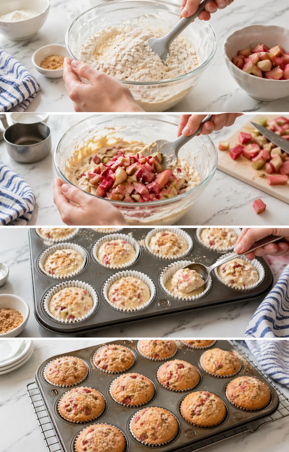Spoons filling muffin cups with rhubarb-studded batter, some cups sprinkled with brown sugar.