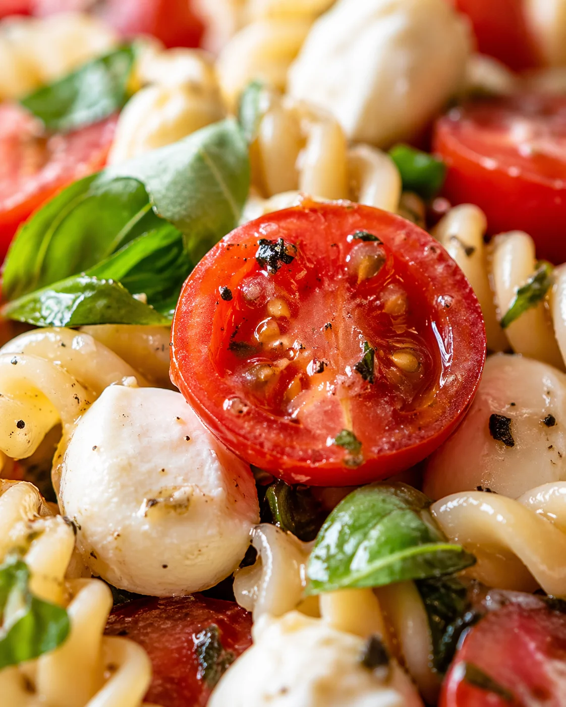 Tight detail shot of Creamy Caprese Pasta Salad highlighting texture