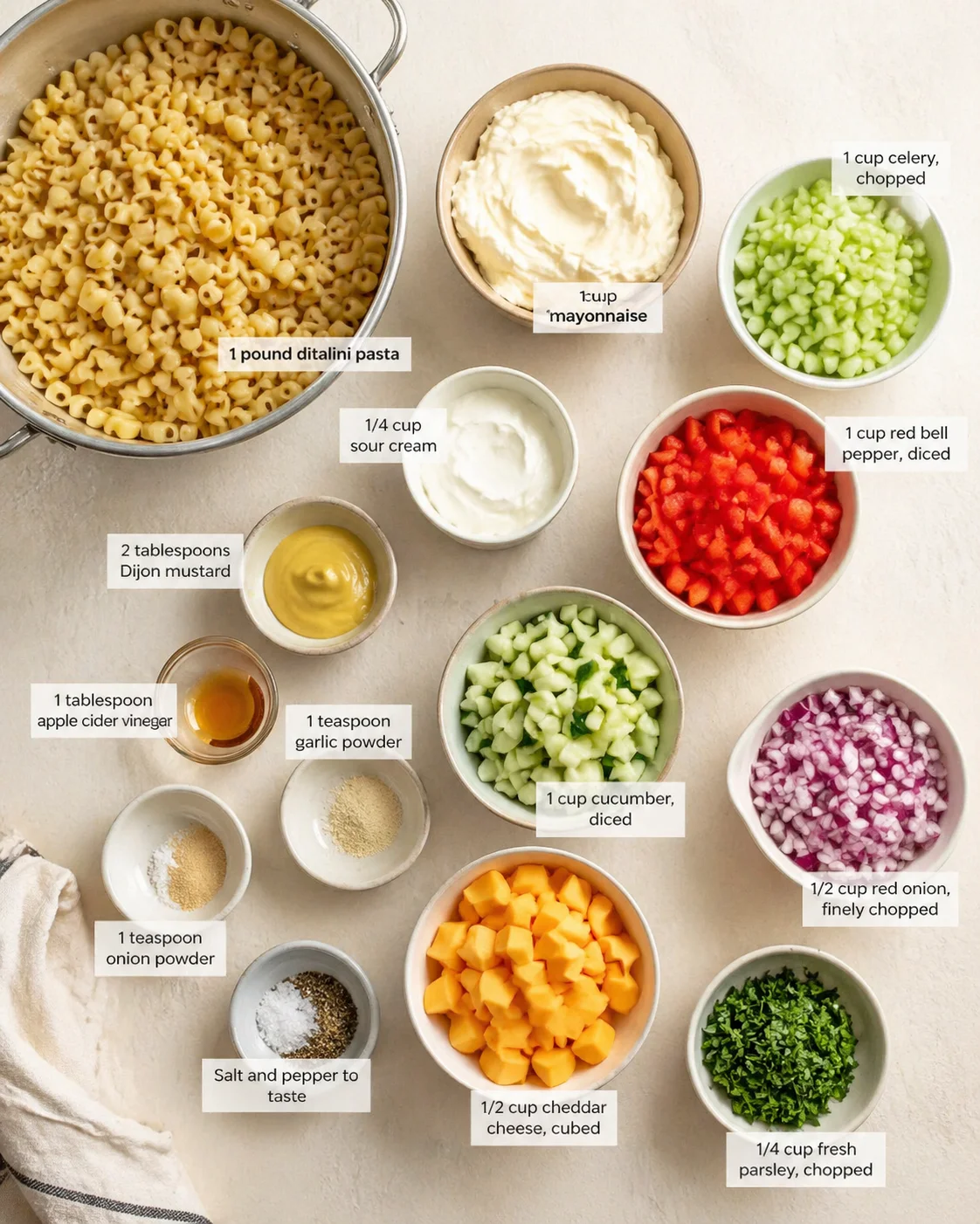 Measured ingredients arranged for Ditalini Pasta Salad: The Ultimate 25-Minute Creamy Summer Classic: 1 pound ditalini pasta, 1 cup mayonnaise, 1/4 cup sour cream, 2 tablespoons Dijon mustard, 1 tablespoon apple cider vi