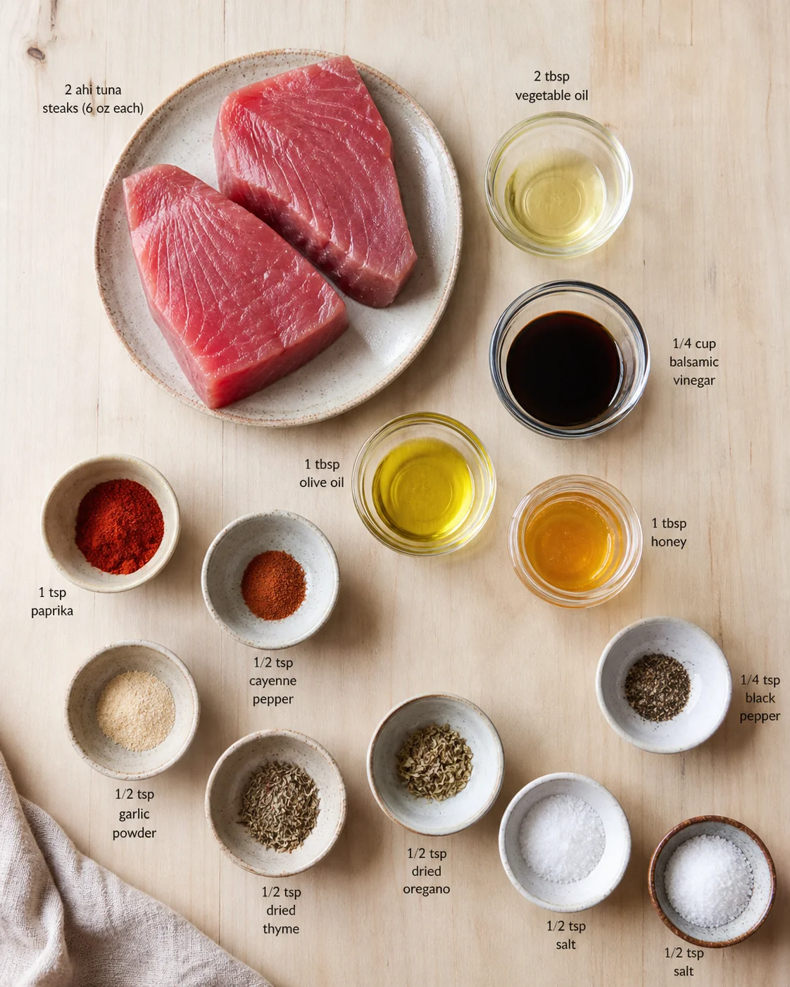 Two ahi tuna steaks on a plate with oil, vinegar, honey, and spice bowls arranged on a wooden surface.