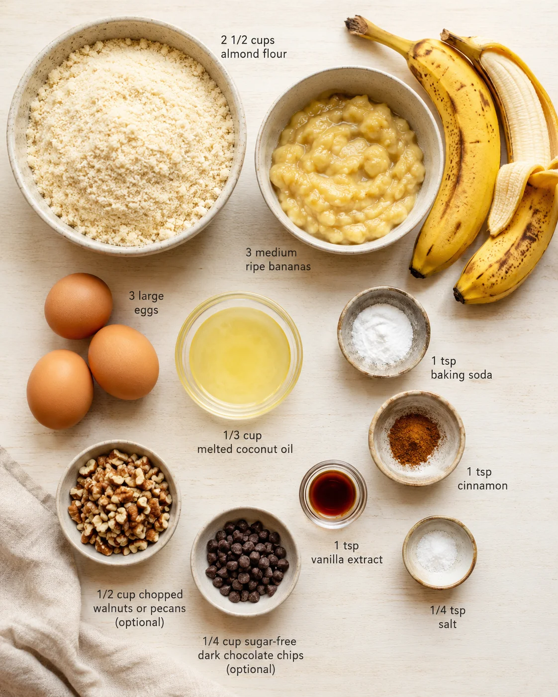 top-down view of banana-bread ingredients: almond flour, ripe bananas, eggs, oil, spices
