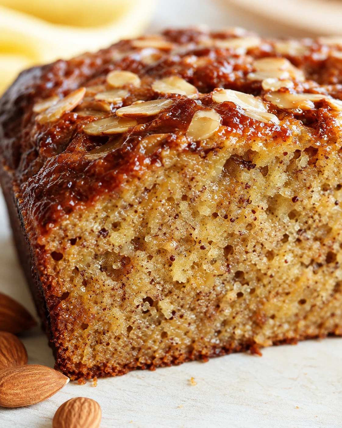 close-up of almond-topped banana bread loaf resting on a light wooden surface