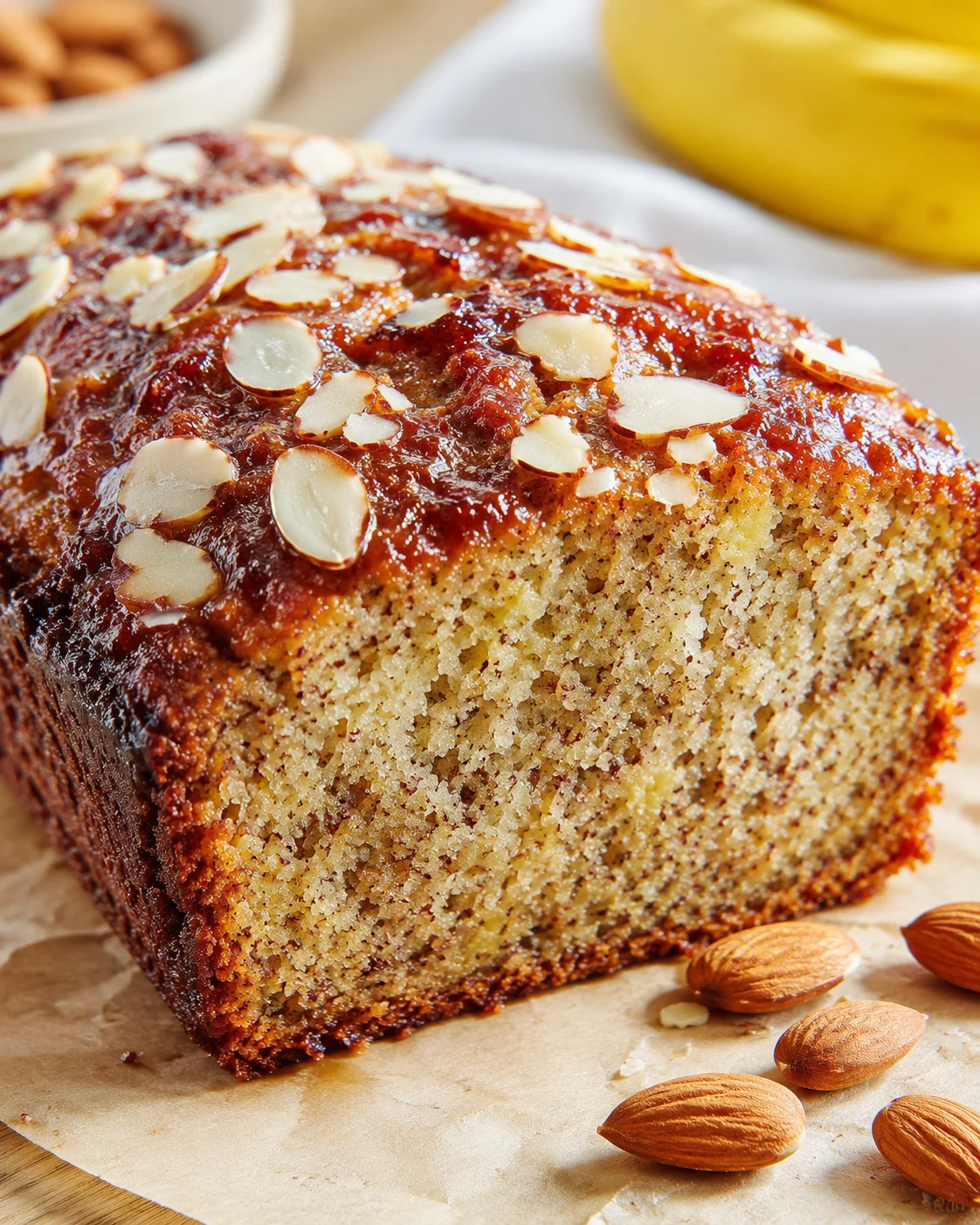 close-up of almond-topped banana bread on parchment with scattered almonds
